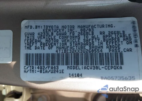 2003 Toyota Camry Xle from USA, damaged, VIN 4T1BE32KX3U260554